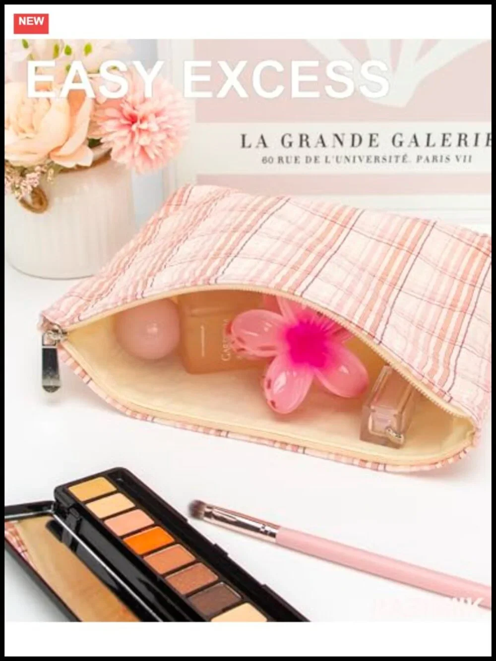 Large Cotton Canvas Makeup Bag with Zipper for Travel - Checkered Design